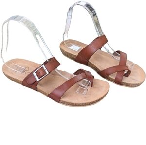 Yokono Leather Brown Tan Strap Suede Footbed Cross Strap Comfort Sandals